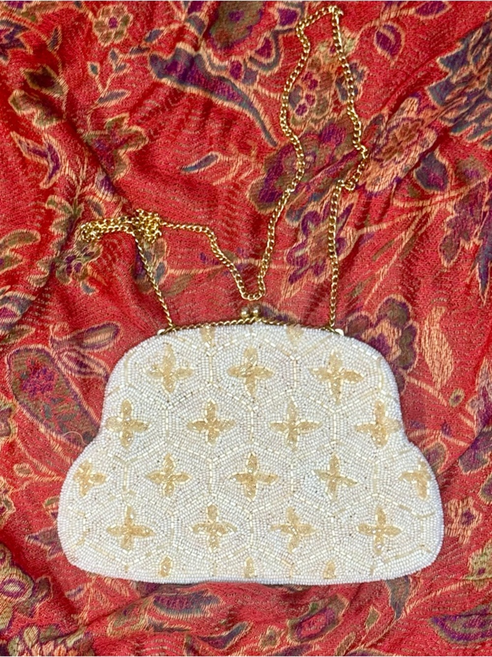 Beaded White and Gold Cross Motif Evening Bag